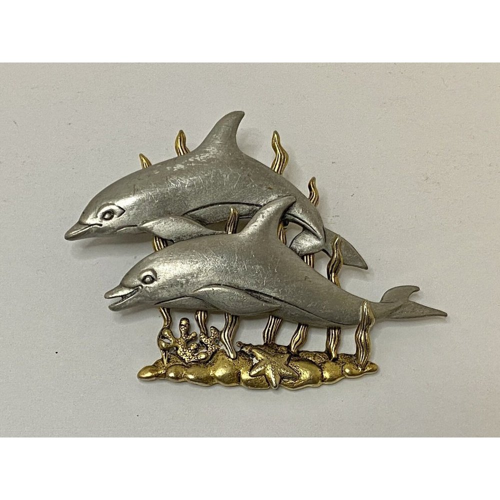 Signed JJ Silver & Gold Tone Two Swimming Dolphins in Ocean Pin Brooch